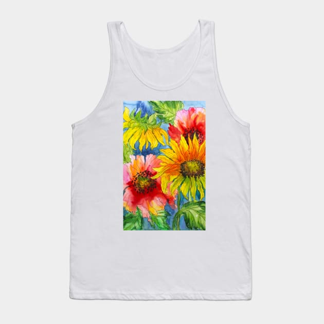 Sunflowers and Poppy Flowers Watercolor Painting Tank Top by SvitlanaProuty